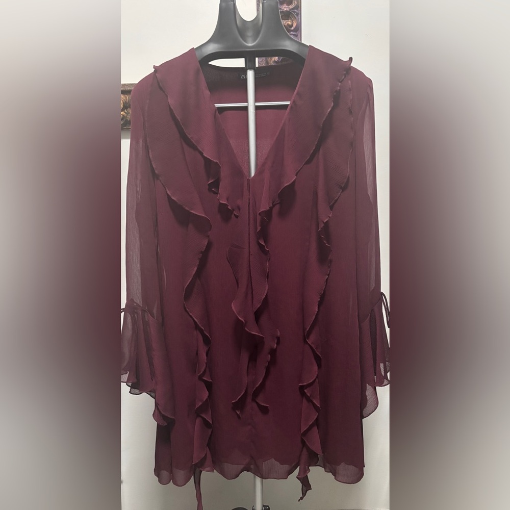 ZARA Burgundy Chiffon V-neck Ruffles, Bell Sleeves, Lined Tunic/ Blouse XXL